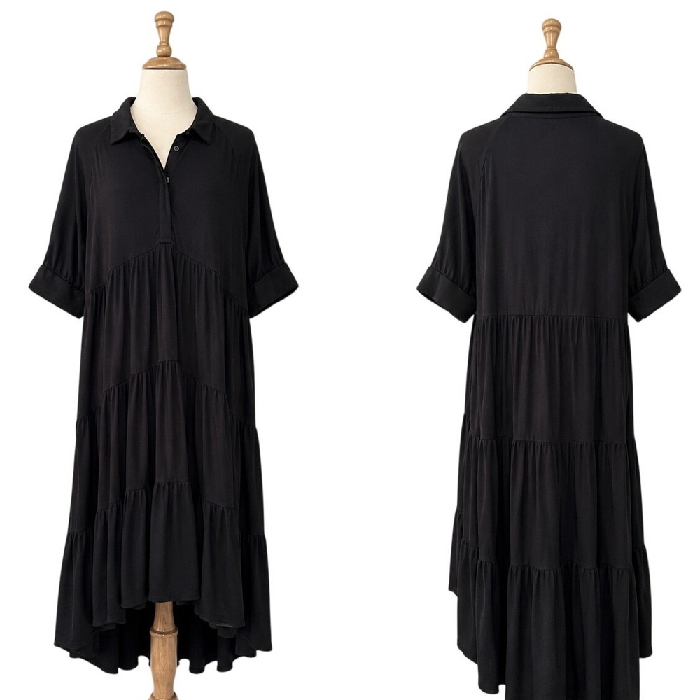 Natural Life XL Black Tiered Maxi Shirt Dress ButterSoft Rayon Collared